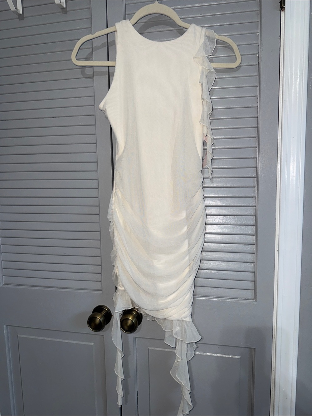 Oh Polly Ivory Asymmetrical Ruffle Midi Dress